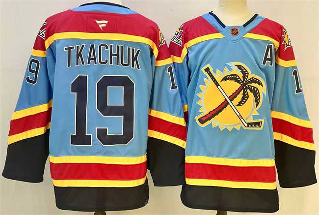 Men%27s Florida Panthers #19 Matthew Tkachuk Blue 2024-25 Reverse Retro With A Patch Stitched Hockey Jersey